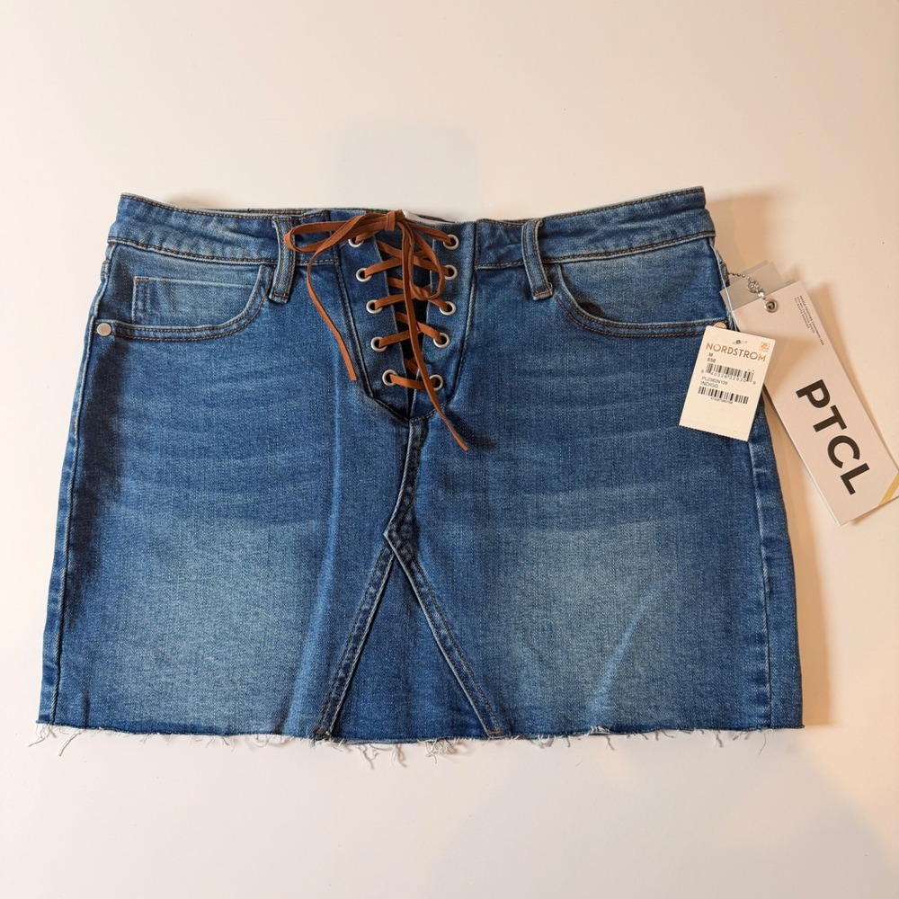 PTCL Lace Up Denim Mini Skirt Indigo Blue Frayed Hem NWT Medium
